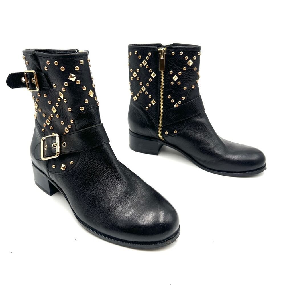 INC International Concepts women Wenda Gold Studded Black Leather Moto Boots 8.5